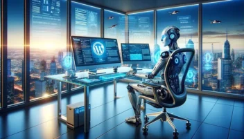 Ia en forma humanoide manejando un PC donde tiene WordPress