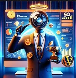 personaje "SEO Commerce WordPress", un experto en la mejora de sitios de comercio electrónico utilizando WordPress y Yoast SEO Premium